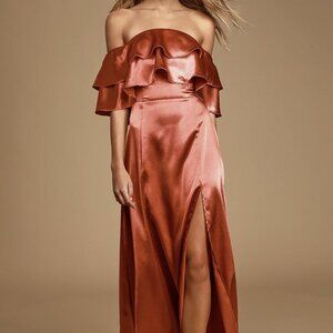 NWT Lulus Pure Happiness Rust Orange Satin Off-the-Shoulder Maxi Dress